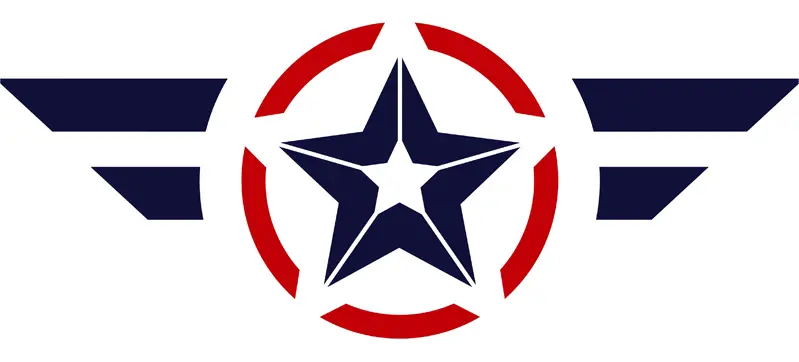 A red white and blue star in the center of a circle.