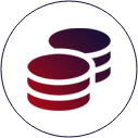 A red and purple icon of two stacks of coins.
